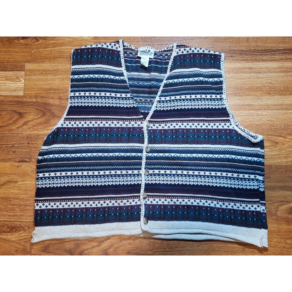 Vtge Northern Reflections Size L 100% Cotton Striped Sleeveless Cardigan Sweater